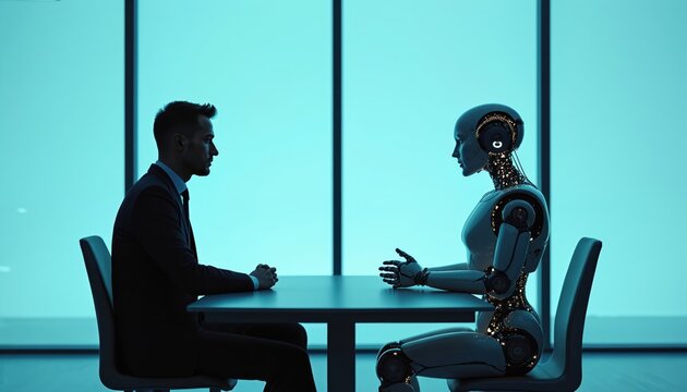 Man in suit interviews humanoid robot in modern office. Future tech meeting between human and android at table. AI collaboration discussion in corporate setting.