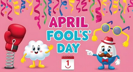 Fototapeta premium April Fool's Day celebration with cartoon characters, boxing glove on a spring, and calendar
