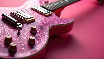 Close view sparkly pink electric guitar, shiny body, metal strings. Red knobs, bridge detail, no people. Simple studio background, bright, glamour music accessory.