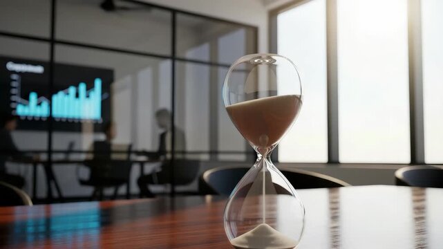 Hourglass On Conference Table Symbolizes Time Running Out During Meeting As People Discuss Financial Growth Displayed On Screen For Business Context