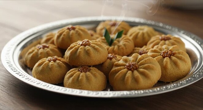 extreme close up of a silver tray with traditional indonesian nastar and klepon cookies in soft morning light