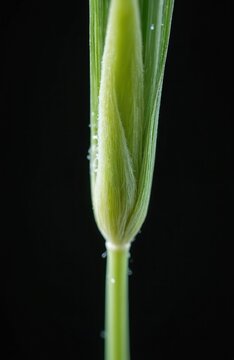 Macro shot of annual meadow grass or poa annua plant stem and ligule detail. Tiny water droplets cling to the green botanical structure on black background.
