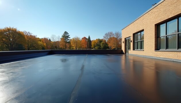 Modern commercial building exterior with brick facade and large windows. Expansive flat rooftop under clear blue sky with autumn trees beyond. Durable roofing membrane ensures weather protection.
