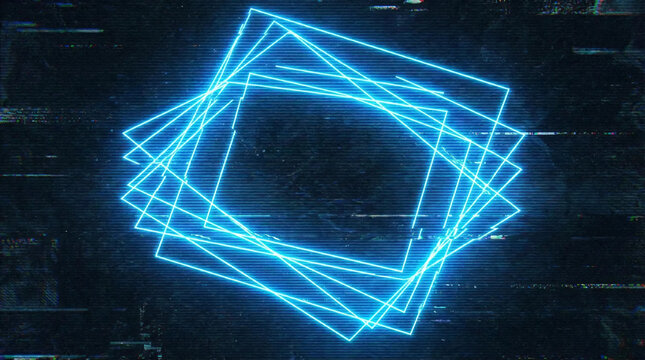 Blue neon glowing geometric square frames with digital glitch effect