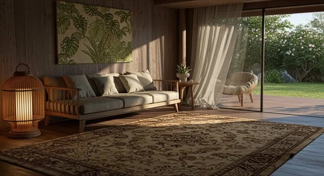 high end minimalist interior with a batik patterned silk rug and modern wooden lantern