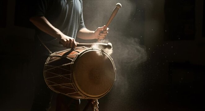 slow motion of a traditional wooden bedug drum being hit with dust and light rays in a dark room