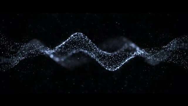 Glowing blue wavy line of particles on black background.