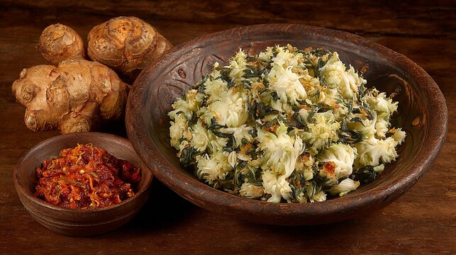 Traditional Indonesian cuisine: Urab Sayur and Sambal, with ginger root nearby for preparation