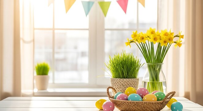 Easter decoration with easter eggs and yellow flowers on a window sill