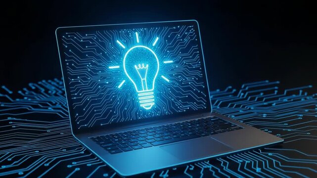 Laptop Displaying Glowing Lightbulb On Its Screen Idea Sits On Circuit Board With Dark Background For Tech-related Blogs Websites