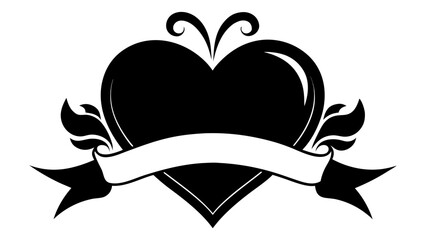 A striking black and white vintage heart illustration, exuding sentimental elegance, featuring ornamental scrollwork and a blank banner for text