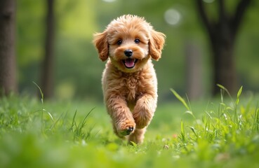 Fototapeta premium Small light brown poodle puppy runs happily across lush green meadow towards camera. Adorable young dog enjoys outdoor play in sunny park. Purebred pet feels joy.