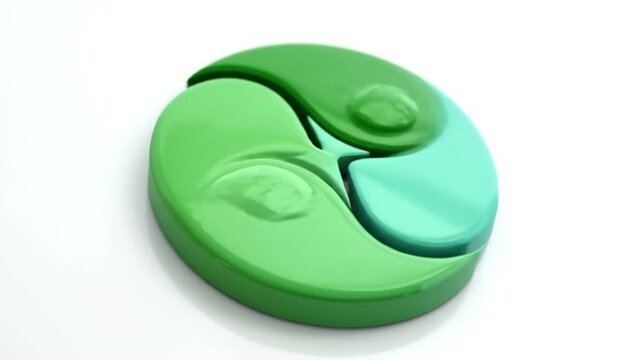 A 3D rendered green circular object with three distinct sections and embossed details on a plain surface from an angled viewpoint