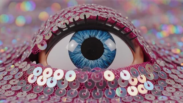 Close-up of blue eye surrounded by shiny sequins in surreal setting