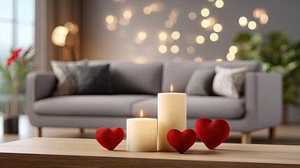 Naklejka premium Cozy Living Room with Candles and Heart Decorations Creating a Romantic Atmosphere for Special Occasions and Celebrations