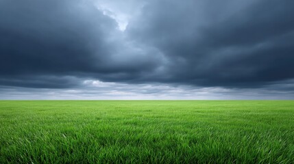 Obraz premium Lush Green Grassland Under Dramatic Dark Sky with Overcast Clouds and Horizon View in an Expansive Landscape Scene