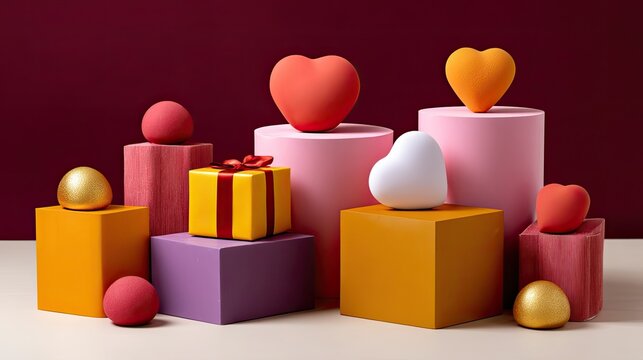 Colorful geometric shapes with hearts and gifts arranged artistically on a table against a maroon background for festive themes and celebrations