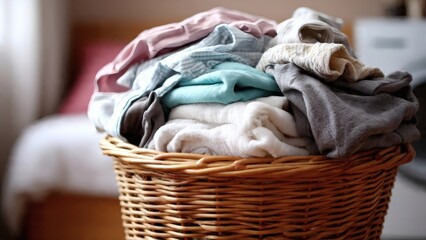 Obraz premium A wicker laundry basket filled with assorted colorful clothes in a blurred room