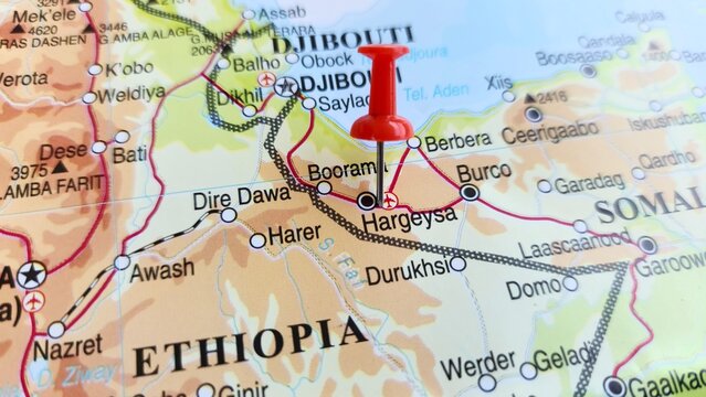 View of Hargeisa, is the capital and largest city of the Republic of Somaliland, on a geographical map of Africa, marked with a red push pin.
