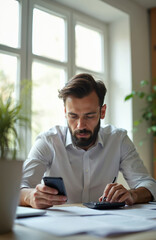 Fototapeta premium Man with beard reviews papers with phone and calculator. He checks numbers, works on finance in office. Serious worker calculates profit, expense, tax for business.