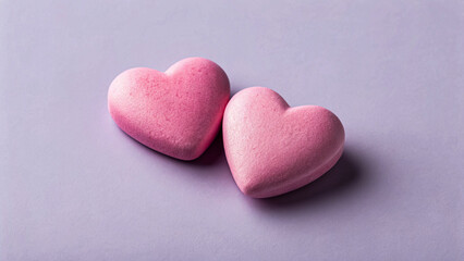 Obraz premium Two pink heart-shaped bath bombs resting on purple surface