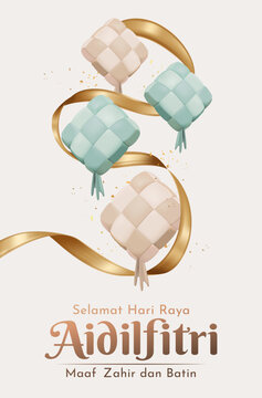 Elegant Eid Al Fitr Greeting Illustration with Ketupat and Decorative Ribbon. Aidilfitri Translation : Eid al Fitr