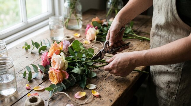 Close-Up of Hands Cutting Flower Stems on Wooden Table