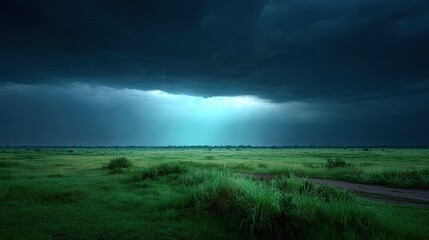 Dramatic Storm Clouds Over Lush Green Landscape with Rays of Light Breaking Through Darkness in a Tranquil Nature Scene
