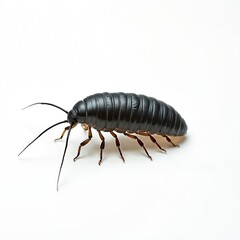 Fototapeta premium Black isopod insect rests on white background. Close up view of segmented body and antennae. This arthropod is invertebrate creature with exoskeleton.