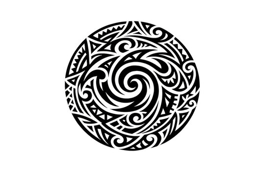 Polynesian tribal pattern in a circular shape featuring a koru spiral design, black and white ethnic tattoo motif