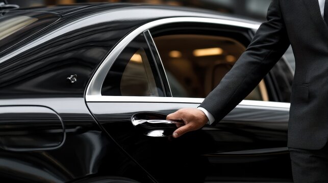 Chauffeur in a suit opening the back door of a luxury car