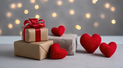 Fototapeta premium Beautifully Wrapped Gifts with Red Hearts Against Soft, Blurred Background for Celebrations and Romantic Occasions
