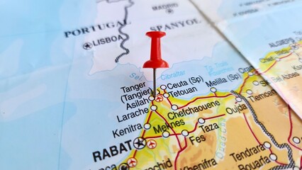View of Tangier, City in and capital of Tanger-Tetouan-Al Hoceima, Morocco, on a geographical map of Africa, marked with a red push pin.