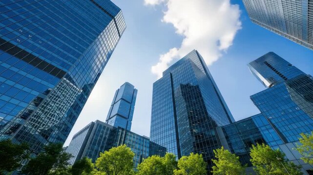 Low-angle Shot Of Modern Glass Skyscrapers In City Clear Blue Sky With Puffy Clouds In The Background Showing Commercial Real Estate Urban Development For Business Architecture Proje