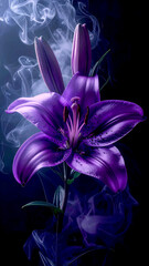 Luminous Lily in Smoke: A striking, purple lily, its petals perfectly formed, rises from a smoky, ethereal haze, presenting a contrast of organic form and mysterious atmosphere. 