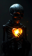 Eternal Flame: An artistic rendering of a skeleton holding a glowing heart, representing life's essence and the concept of mortality in a visually captivating way.