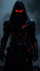 Cyberpunk Warrior in the Shadows: A figure clad in futuristic, black armor with glowing red accents, emerges from the shadows, eyes locked in determination and intent.
