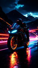 Neon Rider: A motorcyclist speeds along a winding road, the neon lights of the motorcycle and the surrounding environment illuminating the night. The scene captures the essence of speed, adrenaline.