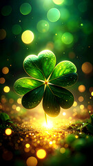 Lucky Clover Radiance: A vibrant, four-leaf clover, symbol of fortune and luck, emanates a soft, ethereal glow, against a backdrop of bokeh lights