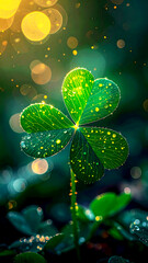 Lucky Clover in the Spotlight: A vibrant and luminous four-leaf clover, shimmering with golden light, embodies the promise of luck and fortune, set against a backdrop of soft bokeh.