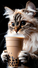 Cat with Boba Drink: An adorable fluffy cat with wide, innocent eyes clutches a refreshing boba tea, creating a whimsical and delightful scene.