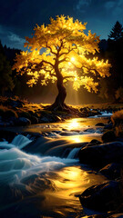 Golden Tree's Luminescence: An enchanted tree glows with a divine golden light, its leaves ablaze amidst a serene flowing stream in a dreamlike, picturesque scene.
