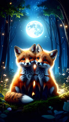 Enchanting Foxes Under the Moon: Two captivating foxes nestled together beneath a radiant full moon in a mystical forest, creating a scene of tranquil wonder. 