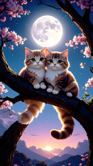 Lunar Embrace: Two adorable kittens find solace in the embrace of a tree branch, their gaze fixed upon the luminous full moon, petals of cherry blossom drifting gently through the night. 