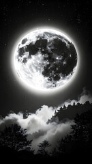 Celestial Nightscape: A dramatic black and white night scene showcases a radiant full moon dominating the sky, casting a spectral glow upon a landscape of clouds and silhouetted trees.