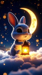 Whimsical Nighttime Luminary: A charming rabbit, holding a glowing lantern, sits amidst fluffy clouds under the gentle glow of the moon, inviting a sense of wonder and enchantment.