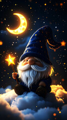 Mystical Gnome and Celestial Night: In a realm of celestial wonder, a charming gnome with a starry wand sits atop a fluffy cloud, illuminated by the radiant glow of the moon.