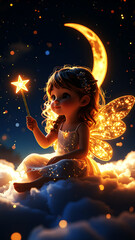 Enchanted Night: A magical young fairy sits peacefully amidst a starry nightscape, holding a radiant star wand under a crescent moon.