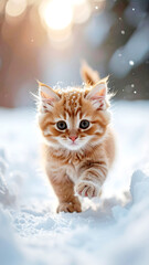 Winter Kitten's First Snowfall: A fluffy ginger kitten ventures out into a wonderland of fresh snow, its eyes wide with wonder as it takes its first steps in the winter wonderland. 