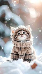 Cozy Kitten in Winter's Embrace: A charming kitten, bundled in a warm sweater and hat, gazes upwards with wide eyes amidst a snowy landscape, exuding an aura of warmth and winter magic.
